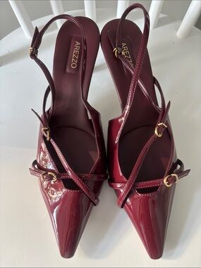 Arezzo Burgundy Patent Pointed-Toe Slingback Heels